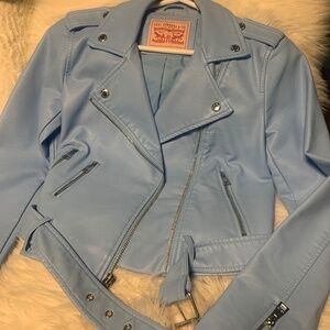 Sky blue Levi faux leather moto jacket
